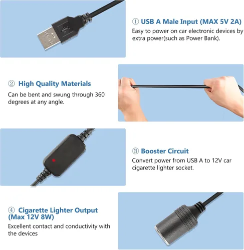 Vista 6 de Cable de alimentación USB A macho a 12 V 8 W, adaptador de enchufe para encendedor de cigarrillos de automóvil, cable convertidor de enchufe