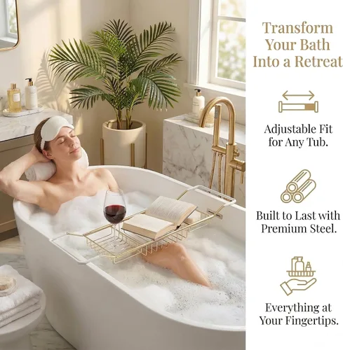 Vista 2 de Cabilock Bandeja de baño de acero inoxidable de lujo – Estante de baño moderno expandible de 24.8 pulgadas para bañera con copa de vino y soporte