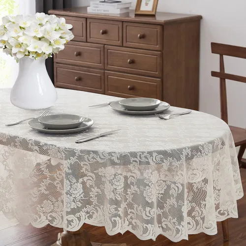 Vista 15 de ASATEX Camino de mesa de encaje de lino dorado de 14 x 36 pulgadas con 2 borlas. El patrón floral clásico y elegante es la opción ideal