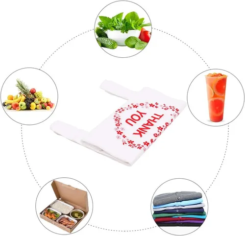 Vista 6 de LazyMe Thank You - Bolsas para camisetas de plástico blancas con asas resistentes, tamaño estándar de supermercado, 12 x 20 pulgadas (100 unidades)