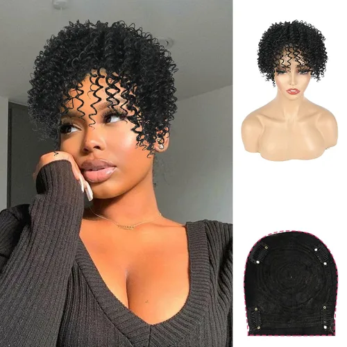Vista 9 de Matthia Pelucas de cabello rizado marrón con flequillo para cabello fino, sintético corto afro rizado rizado con clip para mujeres negras (1B/27#)