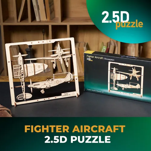 Vista 5 de UGEARS Aviones de combate enmarcados 2.5D – Kit de modelo clásico de madera de avión con Aileron móvil, hélice, rueda y toldo – Kits de modelos