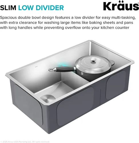 Vista 9 de Kraus Fregaderos de cocina de montaje inferior, fregadero de cocina de acero inoxidable de 32 pulgadas, cuenco doble 60/40, calibre 16