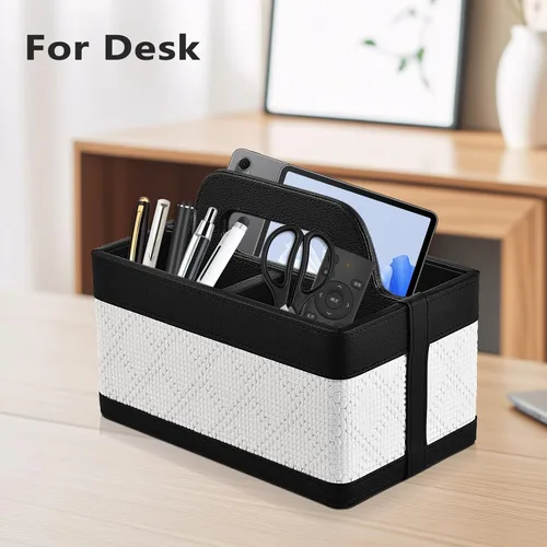 Vista 3 de Organizador de Escritorio Caddy con Asa - Soporte Portátil de Cuero PU para Control Remoto - Bolsa de Almacenamiento Tote para Mesita de Noche