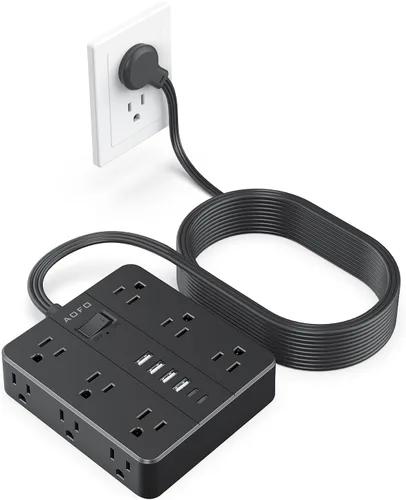 Vista 15 de Regleta de Enchufe Plano, AOFO Cable de Extensión de 5 Pies con 12 Tomacorrientes y 6 Puertos USB (4 USB-A, 2 USB-C), Protector contra