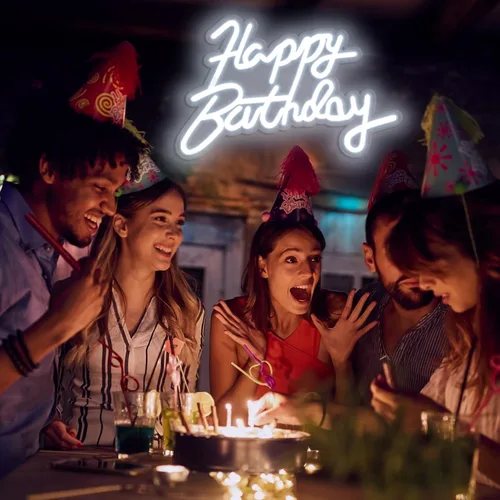Vista 7 de Letrero de neón de feliz cumpleaños para decoración de fiestas en la pared, letrero con luz LED de feliz cumpleaños para telón de fondo, 16 x 11