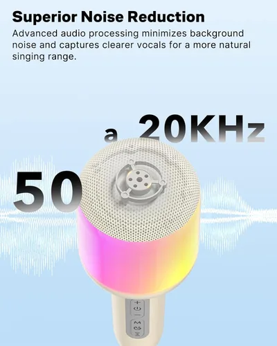 Vista 3 de Micrófono de karaoke inalámbrico Bluetooth con luces dinámicas, micrófono de mano portátil, 6 efectos de sonido, batería de 10 horas, perfecto