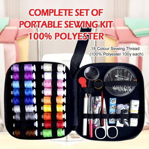Vista 5 de Kit de costura con estuche Suministros de costura portátiles para el hogar, viajero, adultos, principiantes, emergencia, contiene 18 hilos de coser