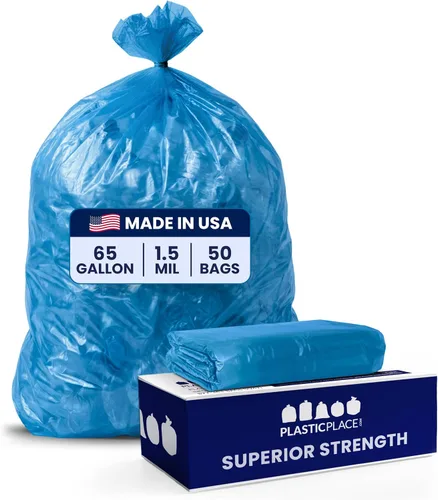Vista 11 de Plasticplace Bolsas de reciclaje de 12-16 galones │ 1.2 mil │ Revestimientos para botes de basura azules con logotipo │ 24 x 31 pulgadas