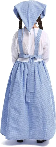 Vista 4 de LMYOVE Disfraz de pionera para niñas vestido colonial de manga larga con delantal colonial para niños color azul 5-10 años