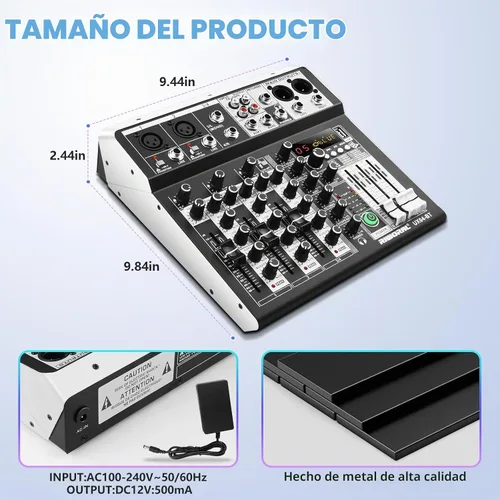 Vista 8 de Interfaz de audio de 4 canales, mezclador de DJ, tablero de sonido, efecto DSP de 16 bits, efectos de mezclador de audio USB, +48 V Phantom
