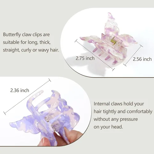 Vista 4 de Shinowa Pinzas para el cabello de mariposa, paquete de 4 pinzas de mariposa para cabello grueso y delgado, 2.75 pulgadas, hermosas pinzas