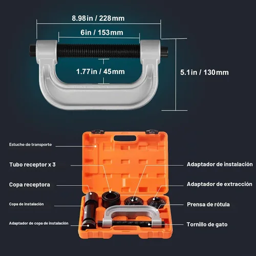 Vista 8 de VEVOR Kit de prensa de rótula, juego de herramientas de 10 piezas, herramientas de C-Press para quitar e instalar rótulas, para la mayoría de coches