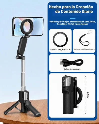Vista 8 de Mini trípode magnético para selfie stick para iPhone y Android, tamaño de bolsillo de 19 pulgadas, agarre de cámara de teléfono 4 en 1 con control