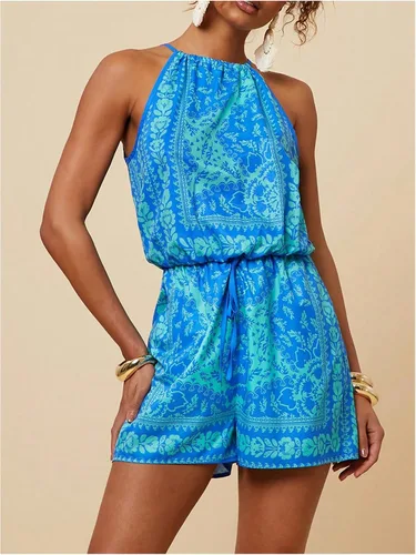 Vista 4 de SweatyRocks - Enterizo de una pieza con estampado integral, sin mangas, con cuello halter y bolsillo, de cintura alta para mujer azul (Tribal Blue)
