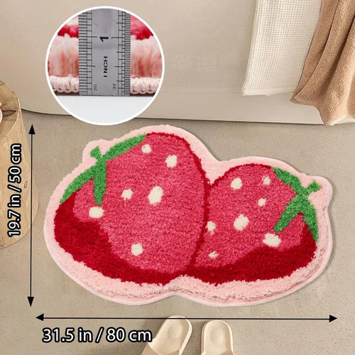 Vista 2 de Alfombra de baño de fresa, bonita alfombra de baño de fresa, decoración de baño, suave, absorbente, antideslizante, divertida alfombra de frutas