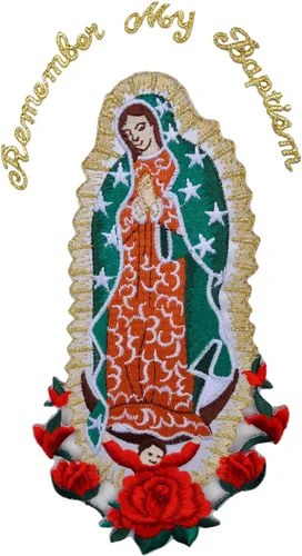 Vista 3 de Parche bordado para bautizo con la Virgen María, mi Señora de Guadalupe para planchar (plata, sin palabra, 4.75 x 2.75 pulgadas)
