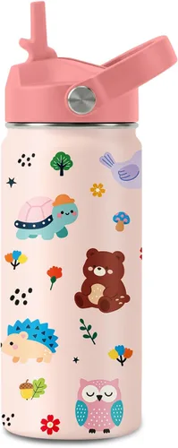 Vista 14 de Botella de agua de vaca de 16 onzas con asa y popote para niños, vasos de Vaca-Rosa