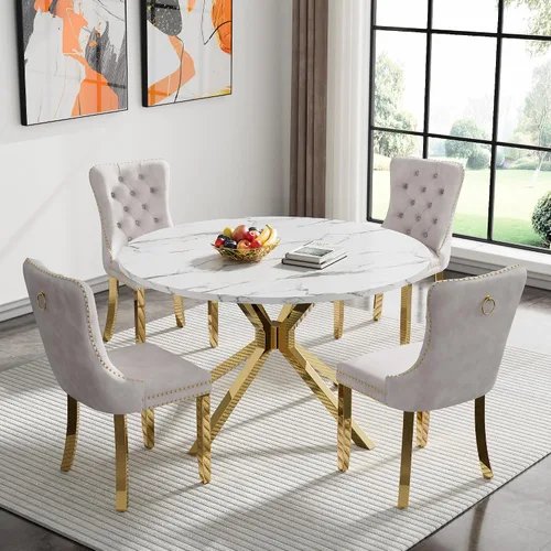 Vista 26 de Juego de 5 mesas de comedor, juego de mesa de cocina y comedor para 4, mesa de cocina rectangular de mármol sintético blanco de 47 pulgadas con base