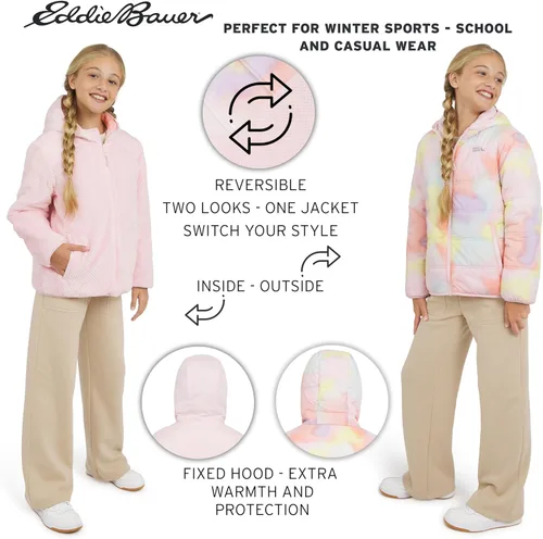 Vista 2 de Eddie Bauer Deer Harbor - Chaqueta acolchada reversible con forro de piel sintética para niñas Rubor