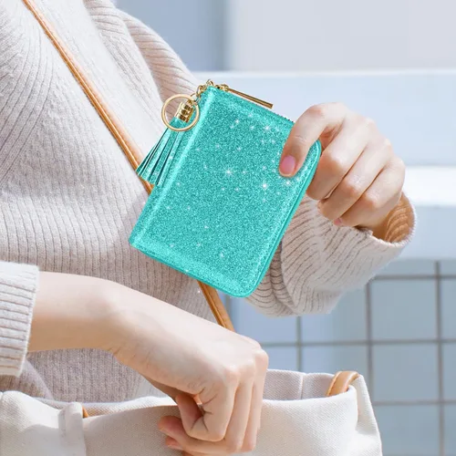 Vista 6 de Coco Rossi Tarjetero de crédito para mujer, cartera pequeña, funda RFID Un brillo azul y verde