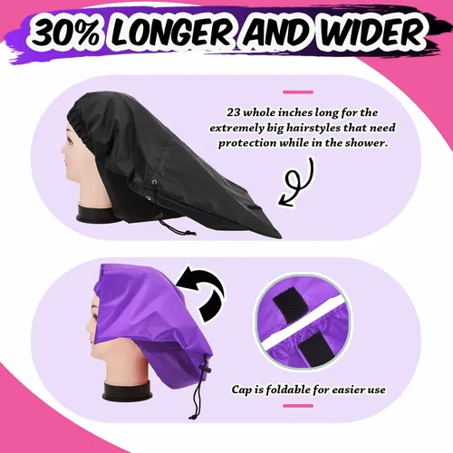 Vista 4 de SATINIOR 2 gorros de ducha extra grandes para trenza, impermeables, ajustables, reutilizables, con lazo de secado, gorros de pelo para mujeres