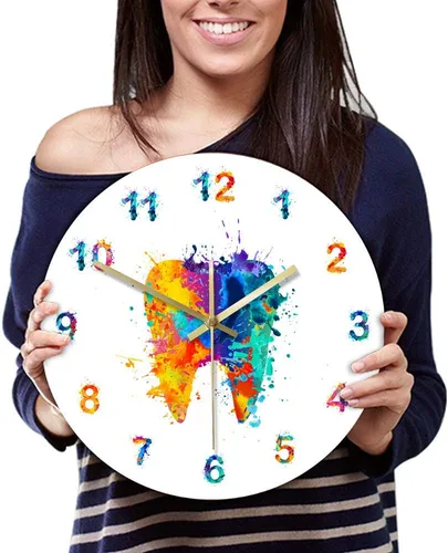 Vista 3 de The Geeky Days Acuarela Pintura Dental Impresión Reloj de Pared Clínica Dental Médica Arte de Pared No Ticking Reloj de Pared Dental Ortodoncista