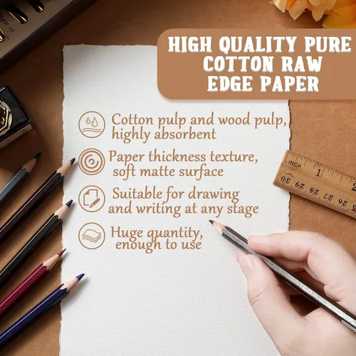Vista 3 de Panelee 100 hojas de papel de acuarela hecho a mano de 300 GSM, a granel con borde deckled, 5.8 x 8.25 pulgadas, algodón texturizado blanco, papel
