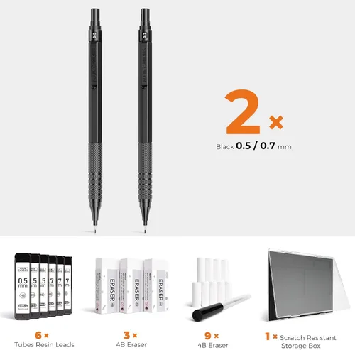 Vista 6 de Four Candies - Juego de 2 lápices mecánicos metálicos con estuche, lápices de artista de 0.5 mm y 0.7 mm con 6 tubos (360 piezas) de recambios