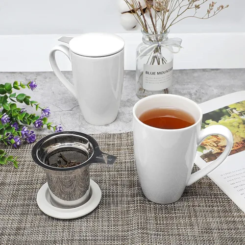 Vista 2 de amhomel Taza de té de porcelana con infusor y tapa, taza de té de cerámica de 16 onzas para hojas sueltas, café, cacao y leche, regalo de té