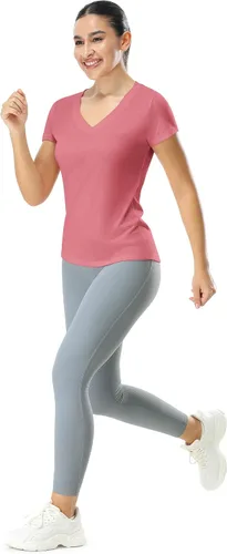 Vista 5 de icyzone Camisetas de entrenamiento para mujer - Camisetas de yoga para gimnasio, correr, fitness, cuello en V