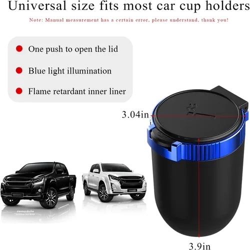 Vista 2 de Ohleats Cenicero de coche con tapa, cenicero desmontable de acero inoxidable con luz LED azul, cenicero portátil mini para vehículo, portavasos