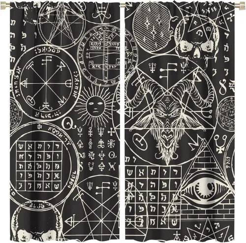Vista 34 de BAEKJIN Cortinas de cabeza de cabra, diseño de calavera malvada, bruja, símbolo misterioso, bolsillo para barra, cortinas opacas para ventana, juego