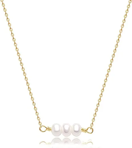 Vista 6 de BERISO Delicados collares de perlas para mujer, plata brillante, chapada en oro de 14 quilates, gargantilla de perlas con clip, cadena de caja