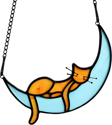 Vista 7 de Adorno acrílico para colgar en la ventana, paneles de cristal para atrapar el sol, gato en la luna, gatito, adorno colgante de bricolaje