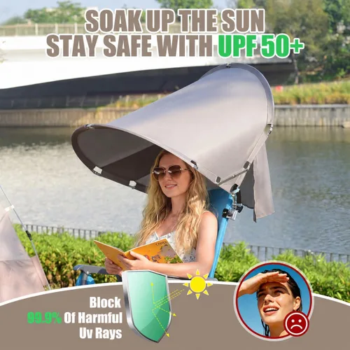 Vista 6 de Toldo universal XL resistente al viento para silla, extra grande plegable UPF 50+ con abrazadera ajustable, se adapta a la mayoría de la playa