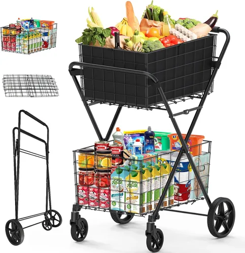 Vista 10 de Carrito de Compras Plegable de Servicio Pesado para Comestibles, Carritos de Comestibles Jumbo con Ruedas Giratorias de 360°, Bolsa Impermeable