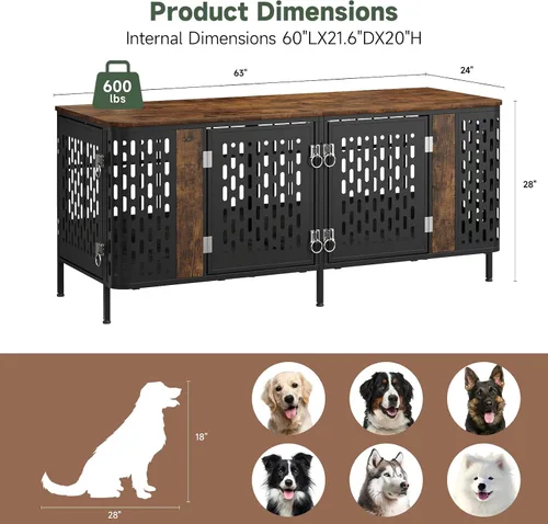 Vista 2 de ONBRILL Mueble de jaula para perros de 63 pulgadas para 1 o 2 perros, jaula doble grande para perros con divisor extraíble, jaula de madera