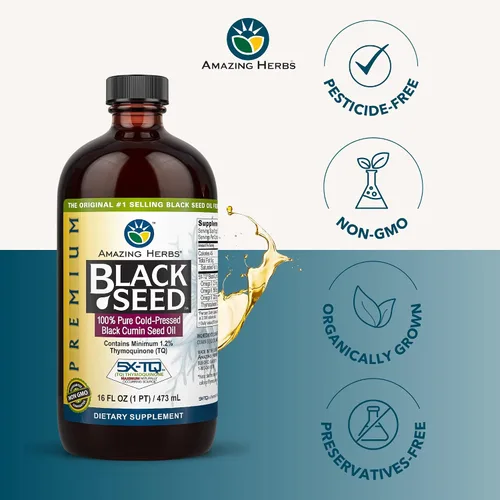 Vista 3 de Amazing Herbs Aceite de semilla negra de alta calidad, sin gluten, sin OMG, prensado en frío, Nigella sativa ayuda a la salud digestiva, apoyo