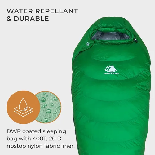 Vista 3 de Hyke & Byke Katahdin 32 F - Saco de dormir para senderismo y mochilero – 4 estaciones, 625FP ultraligero – Resistente al agua – Gris carbón – Corto