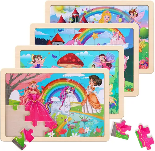 Vista 13 de Rompecabezas de madera para niños de 3 a 5 años, juego de 4 paquetes con 20 piezas de granja, rompecabezas de madera con temática de animales