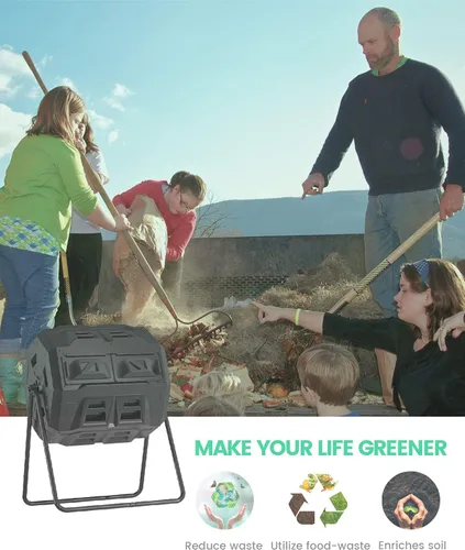 Vista 6 de Compostador giratorio mejorado 2021 con termómetro de compost - Contenedor de compost de jardín de cámara doble (43 galones, negro)