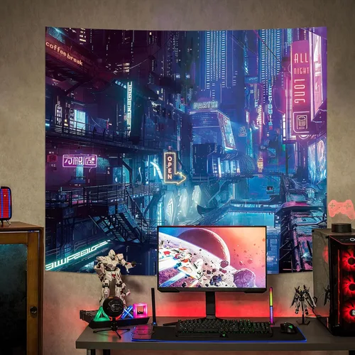 Vista 8 de Tapiz de Pared de Ciudad Anime Punk para Dormitorio, Tapices Japoneses Futuristas de Calle Nocturna de Neón Ciberpunk Estéticos, Fondo