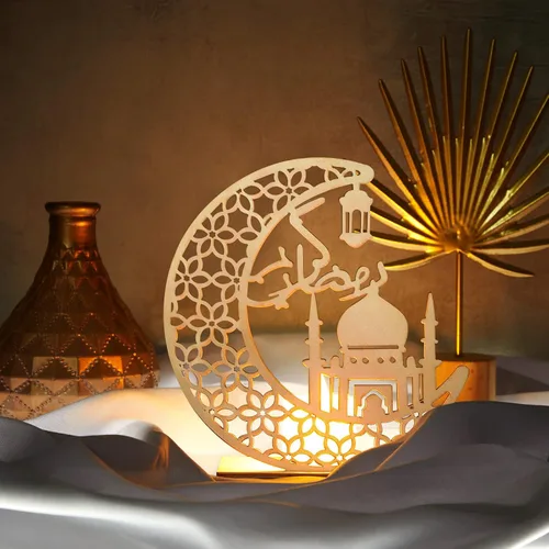 Vista 3 de Honoson Eid Crafts - Luz nocturna de Ramadán Mubarak, decoración en forma de luna de madera 3D, lámpara de Ramadán Mubarak, adornos Eid