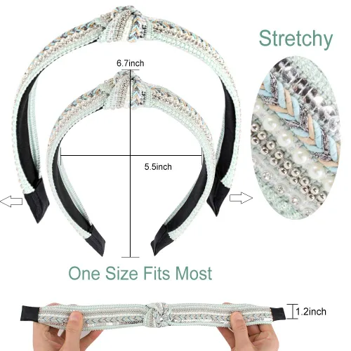 Vista 5 de TOBATOBA Diademas anudadas para mujer, paquete de 3 diademas con cuentas de perlas de diamantes de imitación, diademas bohemias con nudo superior