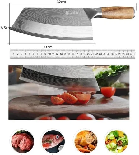 Vista 7 de Cuchillo de carnicero de carne, cuchillo de cocina de 7.5 pulgadas con patrón láser de damasco, cuchillo de chef chino de acero inoxidable, cuchillo