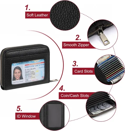 Vista 4 de SENDEFN Cartera de cuero para mujer, con bloqueo RFID, pequeñas carteras compactas, titular de la tarjeta de crédito con ventana de identificación