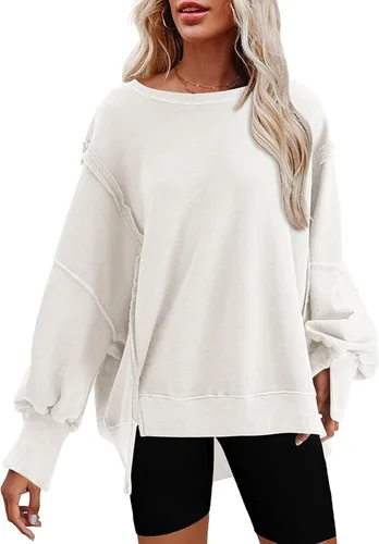 Vista 20 de SHEWIN Sudadera casual de gran tamaño de manga larga con costuras inversas y cuello redondo para mujer Un negro