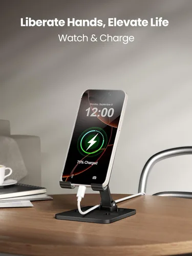 Vista 7 de Soporte de teléfono para escritorio, soporte plegable doble para teléfono celular, soporte portátil totalmente ajustable para iPhone 17, 16, 15, 14