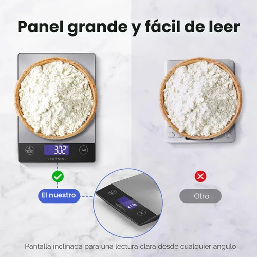 Vista 2 de CROWNFUL Báscula de alimentos, 33 libras, recargable, de acero inoxidable 304, báscula digital de cocina, gramos, onzas y onzas, con pantalla LCD